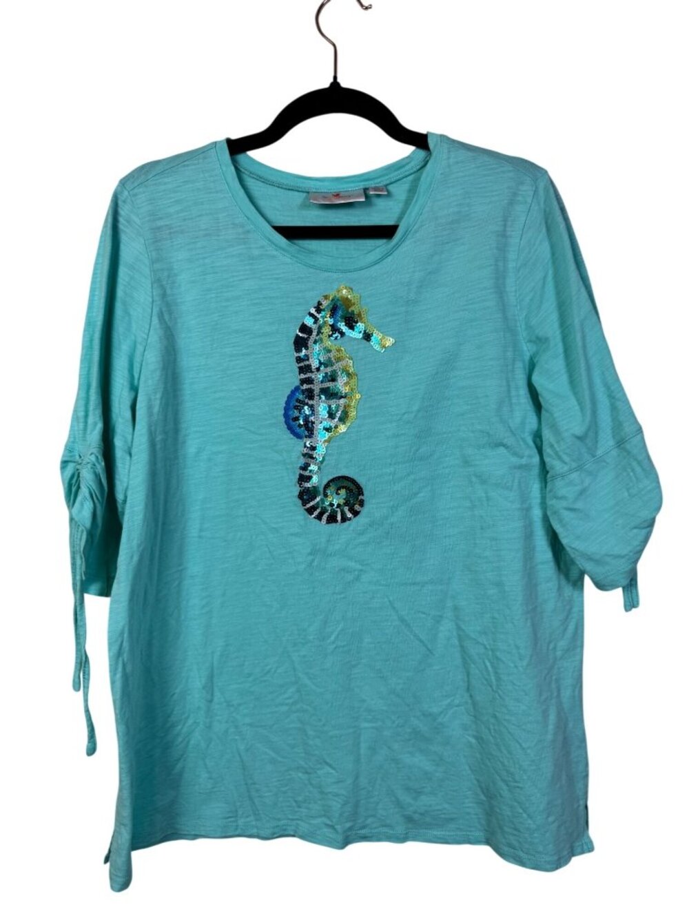 Quacker Factory Womens Turquoise Top Sequin Seahorse 3/4 Sleeve Size Large Novel
